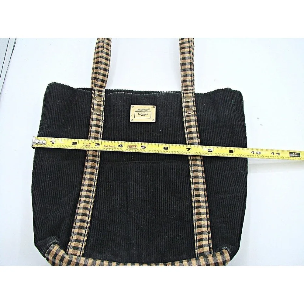 Longaberger Corduroy Plaid Tote Bag Purse Black Tan Khaki Check Homestead 9.5x10